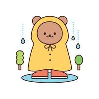 Rainy day. A baby bear is standing in a puddle wearing a raincoat. Simple flat design style illustration with outlines. vector