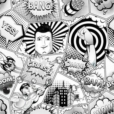 Seamless pattern of comic book page divided by lines with speech bubbles, rocket, superhero, and sound effects. Black and white vector illustration.