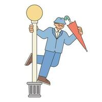 Rainy Day. A musical actor holding a lamppost and singing. Simple illustration with outlines. vector