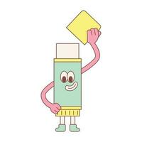 Cute school supplies characters. Glue stick is holding paper and gluing it. vector