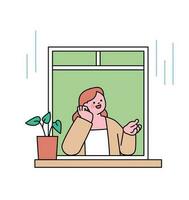 Rainy day. A woman is admiring the rain with one hand out the window. Simple flat design style illustration with outlines. vector