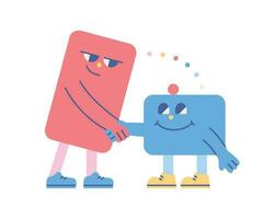 Cute shape characters. The long square and the small square are shaking hands. vector