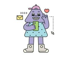 Cute abstract shapes characters. The young generation of the triangle is holding and using a smartphone. vector