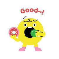 Cute abstract shapes characters. A yellow donut figure is eating a donut. vector