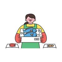 sea life illustration. A fishmonger is holding a box of fish and smiling. vector