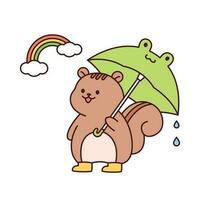 Rainy day. A squirrel with an umbrella is watching a rainbow. Simple flat design style illustration with outlines. vector