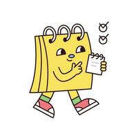 Cute school supplies characters. A yellow spring notebook is holding a note in his hand and checking the memo. vector