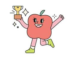 Cute abstract shapes characters. A figure that looks like an apple is running excitedly while holding a championship trophy. vector