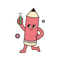 Cute school supplies characters. A pencil is holding a pencil in his hand and smiling. vector