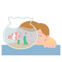 sea life illustration. Cute boy looking at fish tank. vector