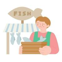 sea life illustration. A fishmonger with a worried face holding a box of stock. vector