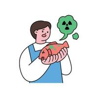 sea life illustration. A fishmonger holding a radioactive fish. vector