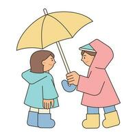 Rainy Day. A cute boy is putting an umbrella over a girl. Simple illustration with outlines. vector
