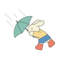 Rainy Day. A rabbit is walking against a strong wind with a strong umbrella. Simple illustration with outlines. vector
