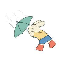 Rainy Day. A rabbit is walking against a strong wind with a strong umbrella. Simple illustration with outlines. vector