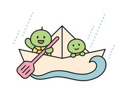 Rain day. Cute turtles are playing on a paper boat. A cute and simple illustration with a thick outline. vector