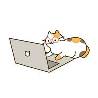Cute cat. A tricolor cat wearing glasses is working on a computer. vector