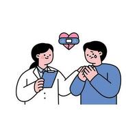 A patient whose heart has been healed after consulting with a doctor. outline simple vector illustration.