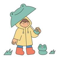 Rainy Day. A boy in a raincoat is wearing a frog umbrella and looking at a little frog. Simple illustration with outlines. vector