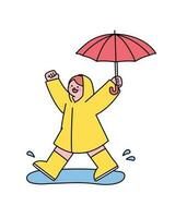 People on the street on a rainy day. A cute child wearing a raincoat and holding an umbrella is splashing in a puddle. Simple flat design style illustration with outlines. vector