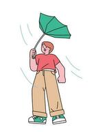 People on the street on a rainy day. An umbrella held by a man was overturned by the wind. Simple flat design style illustration with outlines. vector