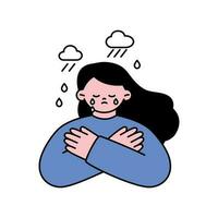 un mujer es llorando y allí es un lluvia nube terminado su cabeza. contorno sencillo vector ilustración.