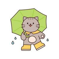 Rainy day. The kitten is having fun wearing an umbrella and wearing boots. Simple flat design style illustration with outlines. vector