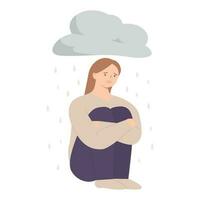 un mujer es sentado y allí es un lluvia nube terminado su cabeza. sencillo vector ilustración.