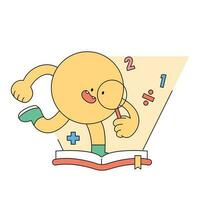 Cute shape character. A yellow circle is holding a magnifying glass and looking at knowledge in a book. vector