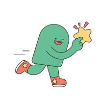 Cute shape character. A green figure is holding a star and running. vector