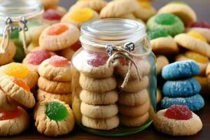 stock photo of Hallongrotta or thumbprint cookies in jar professional food photography ai generated