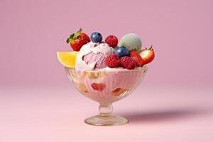 stock photo of ice cream with cup mix fruits topping food photography