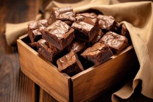 trozos de Brownies en el caja a cocina mesa profesional comida fotografía ai generado foto