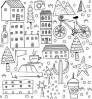 doodle town hand drawn line art vector