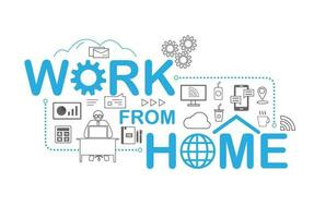 Work from home letter design with flat working icon, Graph, gear, letter, smart tv,  coffee, iced tea, cloud network, mobile, and internet connecting icon.  Connect the home office  and remote work. vector