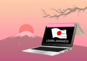 Learn japanese online on laptop with sakura background vector