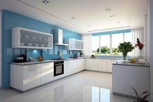 stock photo of minimalist kitchen in the style white and blue kitchen photography