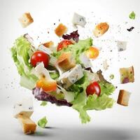 stock photo of salad flying through the air with cheese and lettuce food photography