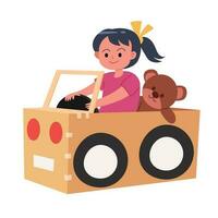 Girl playing with cardboard car cartoon vector