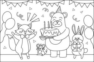 animal cumpleaños fiesta colorante página vector