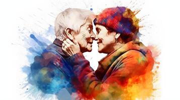 Lesbian eldery couple, lgbt, pride, watercolor painting, photo
