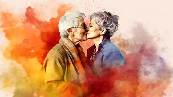 Lesbian eldery couple kissing, lgbt, pride, watercolor painting, photo