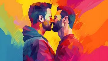 gay Pareja besos fondo de pantalla, joven muy bien recibido hombres, digital cuadro, ai generado foto