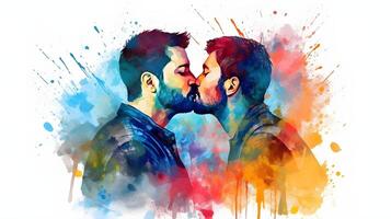 gay Pareja besos fondo de pantalla, joven muy bien recibido hombres, acuarela cuadro, ai generado foto