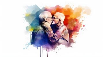 Eldery gay couple kissing wallpaper, young handscome men, watercolor painting, photo