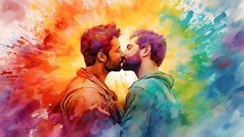 Gay couple kissing wallpaper, young handscome men, watercolor painting, photo