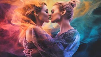 Lesbian couple hugging, lgbt, pride, photo