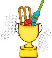 Cricket championship trophy with bat, ball and wicket. vector