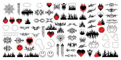 Big bundle of gothic tattoo shapes in y2k style vector