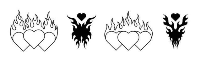 Set of heart shape with fire symbol. hand drawn tattoo element vector